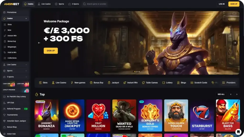 Amonbet casino mobile interface with slot games and navigation