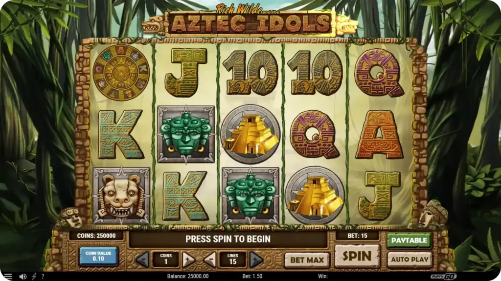 Aztec Idols slot gameplay with stone masks and temple symbols