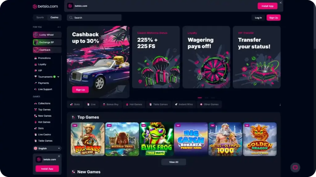 Betsio casino interface with slots and mobile layout