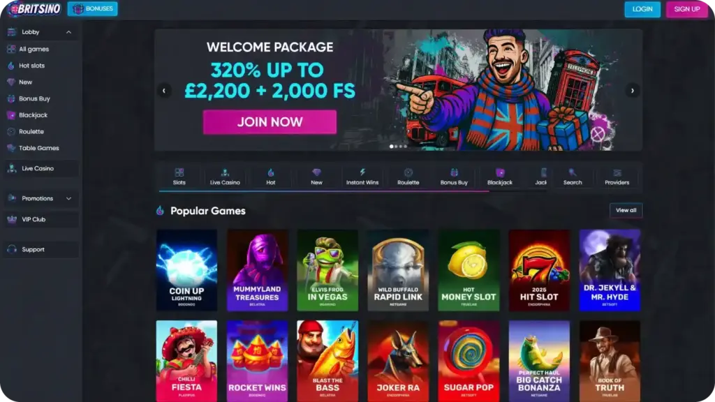 Britsino casino interface showing classic slot games and navigation menu