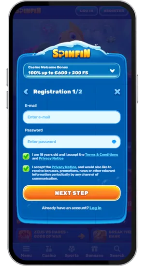 Casino sign-up form with email and password fields completing the full registration process in under 60 seconds