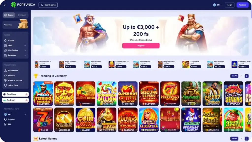 Fortunica casino interface showing slot games and mobile layout