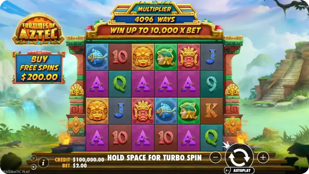 Fortunes of the Aztec slot gameplay with pyramids and gold symbols