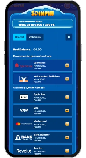 Casino cashier page showing card, e-wallet and crypto deposit options with a £10 minimum amount to fund the account