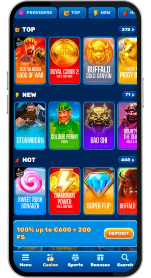 Casino game lobby with search bar showing aztec slot and aztec gold megaways results filtered by category for quick access