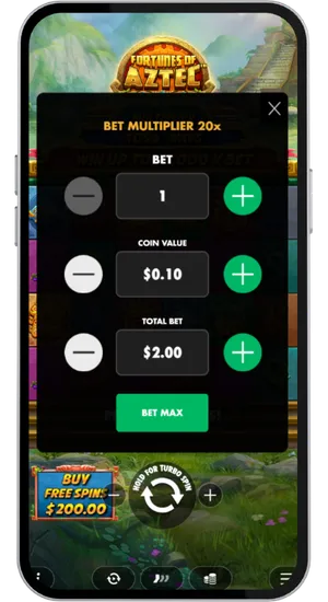 Slot game bet selector showing the stake range from £0.10 up to £5 and above with an adjustable control for all budget sizes