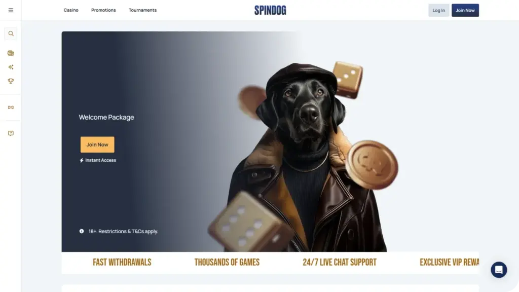 Spindog casino interface with slot games and navigation