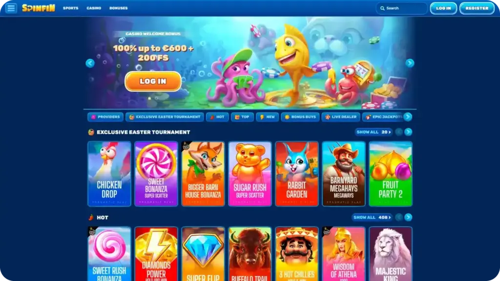 Spinfin casino interface with slots and bonuses