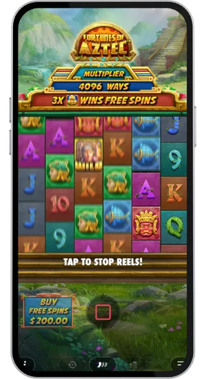 Aztec slot reels spinning after the spin button is pressed with RNG-generated results appearing on the paylines
