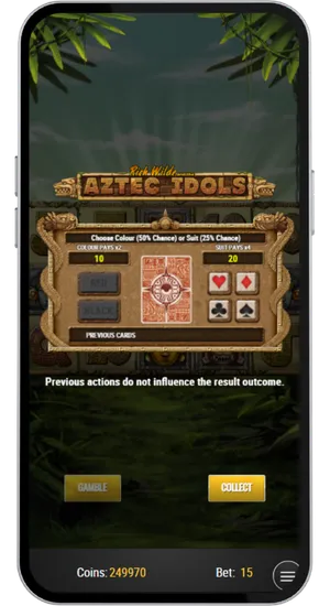 Aztec Idols bonus screen showing the idol pick feature activated with free spins triggered and a potential multiplier win of up to 5000x the stake displayed