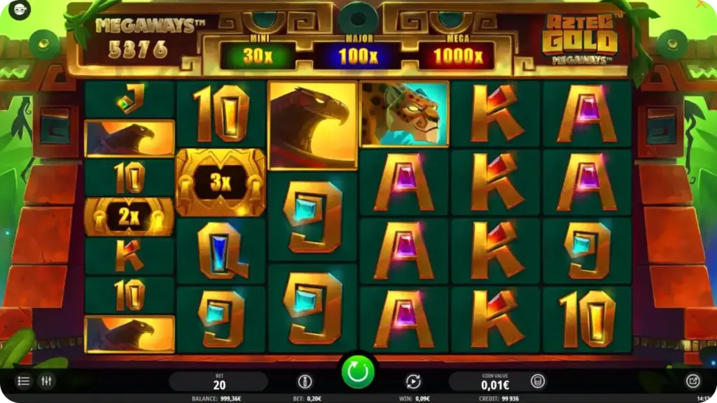 Aztec Gold Megaways slot design with pyramids, jungle and gold symbols