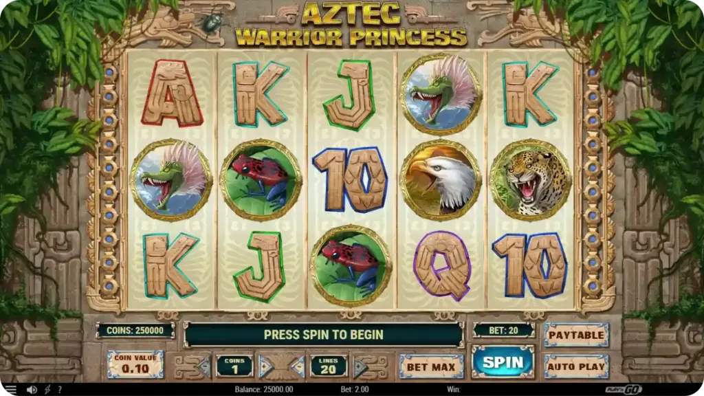 Aztec Warrior Princess slot design theme with bright green and gold tones
