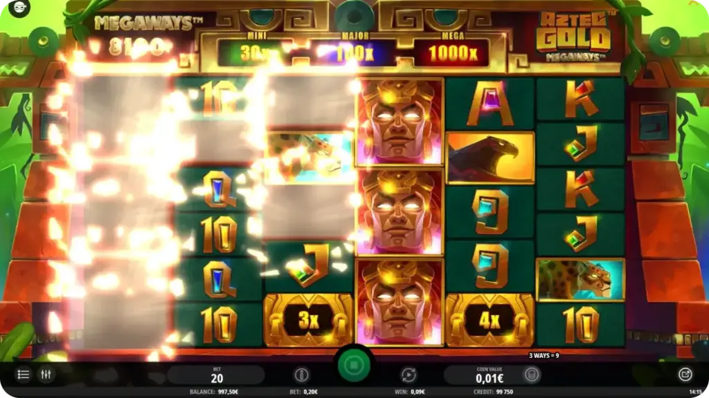 Aztec Gold Megaways cascading reels reaction showing winning symbols disappearing and new symbols dropping