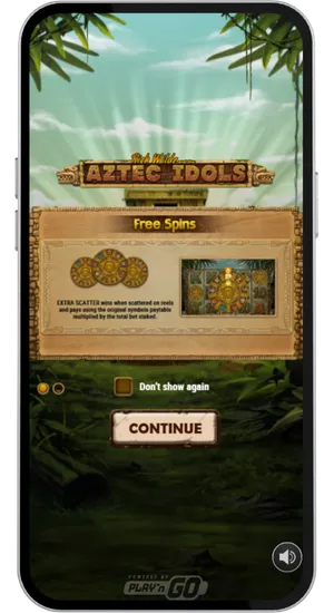Casino game lobby with the search bar showing Aztec Idols in the results under the Play'n GO provider filter and Rich Wilde series category