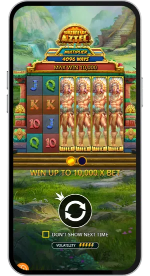Casino game library search field with Fortunes of the Aztec typed in and the slot thumbnail appearing as a top result ready to launch
