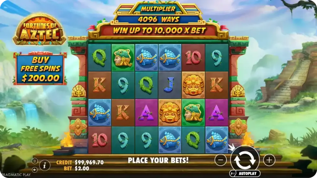Fortunes of the Aztec slot by Pragmatic Play showing 6x4 reels, tumble wins and multiplier feature with RTP and max win details