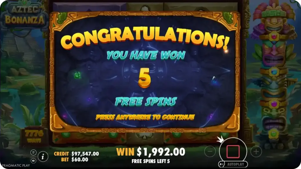 Aztec Bonanza free spins feature with full grid active