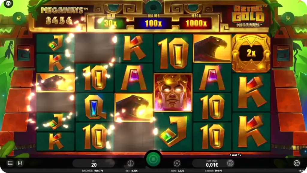 Aztec Gold Megaways Cash Respins bonus round with locked Sun Disc scatters and jackpot values