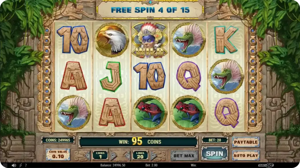 Aztec Warrior Princess free spins feature with wild princess symbols and 15 to 25 spins