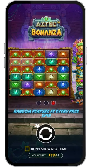 Casino game library with over 3000 titles showing Aztec Bonanza highlighted in search results ready to launch for UK players