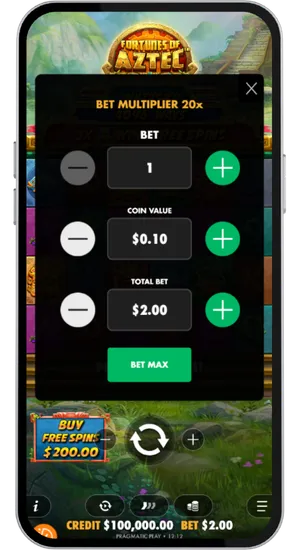 Fortunes of the Aztec Slot bet selector showing the stake control adjusted to a value between £0.20 and £100 before the first spin is placed