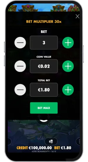 Aztec Bonanza bet controls displaying the full stake range from £0.30 to £150 per spin with an adjustable selector on the game interface