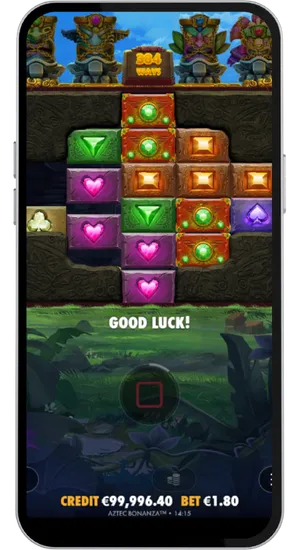Aztec Bonanza slot reels in motion across 5 columns with up to 7776 active ways to win highlighted on the game screen