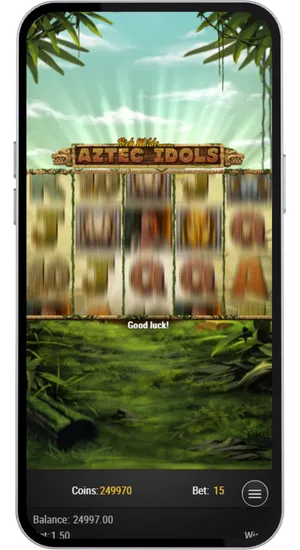 Aztec Idols reels in motion after the spin button is pressed with RNG-determined symbol combinations landing across the five paylines