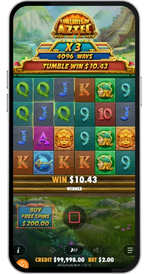 Fortunes of the Aztec reels mid-spin with cascading win symbols highlighted and an increasing multiplier counter visible on screen after a paying combination lands