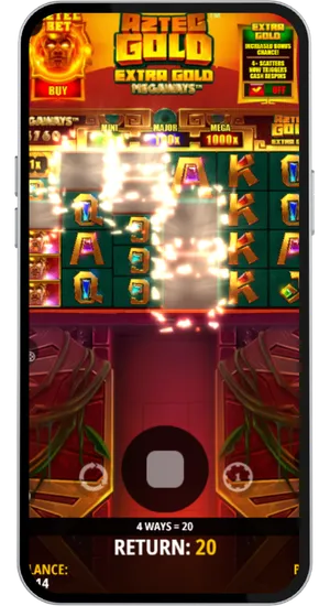 Aztec Gold Megaways cascade mechanic in action with winning symbols removed and new symbols falling into place triggering a chain reaction on a single paid spin